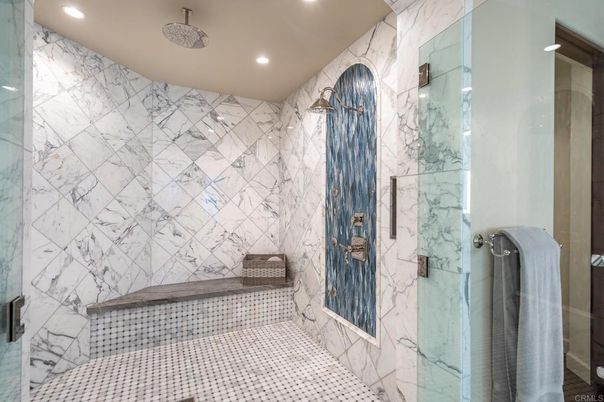 Bathroom, Glass Shower, Interior, Marble Walls, Recessed Lighting