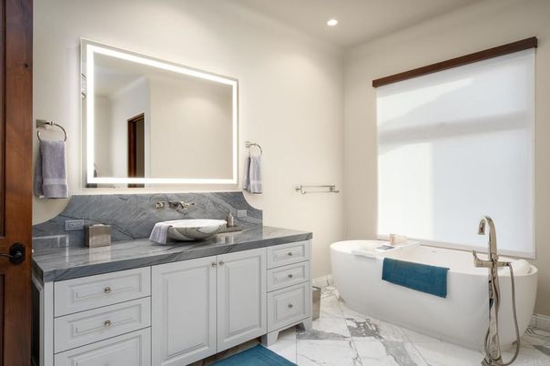 Bathroom, Dual Sink Vanities, Free Standing Baths, Interior, Marble, Recessed Lighting