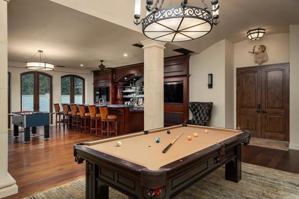 Billiard Table, Chandelier, Game Room, Interior, Pendant Lights, Recessed Lighting, Wood Texture Flooring