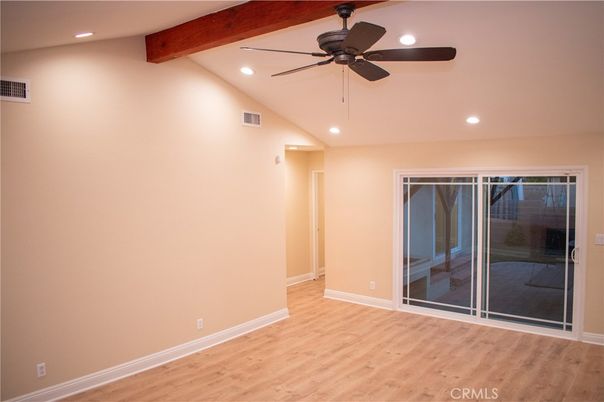 Empty room, Interior, Recessed Lighting, Wooden Beams, Wood Texture Flooring