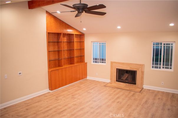 Empty room, Fireplace, Interior, Recessed Lighting, Wood Texture Flooring