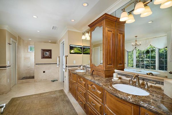 Bathroom, Chandelier, Dual Sink Vanities, Glass Shower, Interior, Recessed Lighting