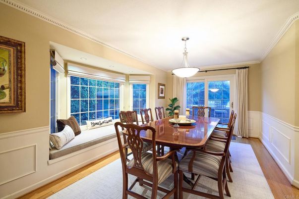 Dining room, Interior, Pendant Lights, Recessed Lighting, Wood Texture Flooring