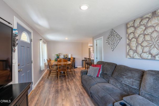 Dining room, Interior, Living room, Recessed Lighting, Wood Texture Flooring