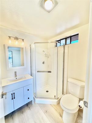 Bathroom, Glass Shower, Interior, Wood Texture Flooring