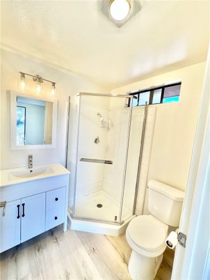 Bathroom, Glass Shower, Interior, Wood Texture Flooring