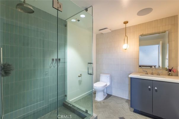 Bathroom, Glass Shower, Interior, Pendant Lights, Recessed Lighting, Wood Texture Flooring