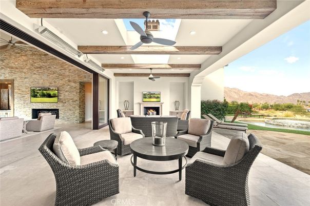 Fireplace, Interior, Living room, Recessed Lighting, Stone Walls, Wooden Beams