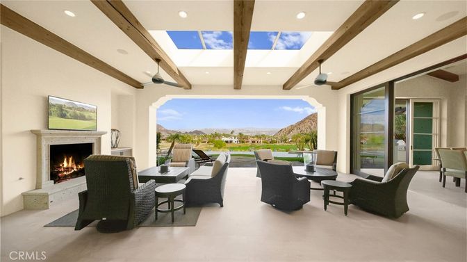 Dining room, Fireplace, Interior, Living room, Recessed Lighting, Wooden Beams