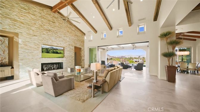 Dining room, Fireplace, Interior, Living room, Recessed Lighting, Stone Walls, Wooden Beams