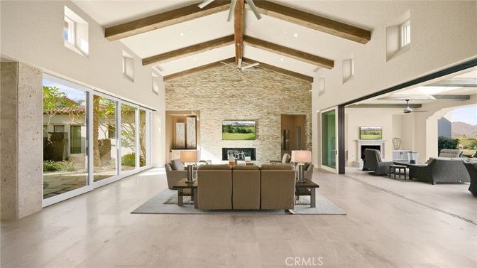 Dining room, Fireplace, Interior, Living room, Recessed Lighting, Stone Walls, Wooden Beams