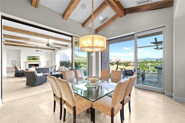 Dining room, Fireplace, Interior, Living room, Pendant Lights, Wooden Beams