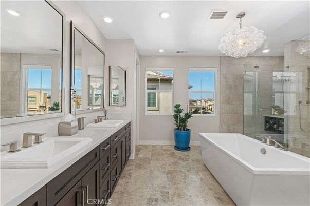 Bathroom, Chandelier, Dual Sink Vanities, Free Standing Baths, Glass Shower, Interior, Recessed Lighting