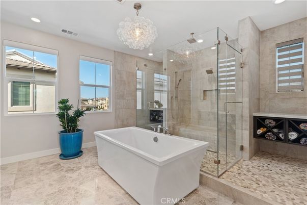 Bathroom, Chandelier, Free Standing Baths, Glass Shower, Interior, Recessed Lighting