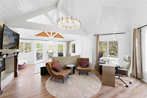 Chandelier, Fireplace, Home Office, Interior, Pendant Lights, Wood Texture Flooring