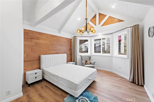 Bedroom, Interior, Pendant Lights, Recessed Lighting, Wood Texture Flooring, Wooden Walls