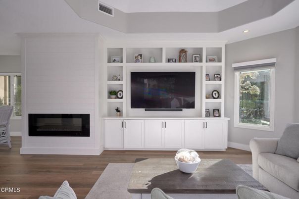 Fireplace, Interior, Living room, Recessed Lighting, Wood Texture Flooring