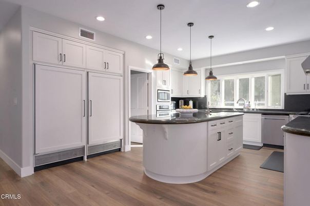 Interior, Kitchen, Pendant Lights, Recessed Lighting, Stainless Steel Appliances, Wood Texture Flooring
