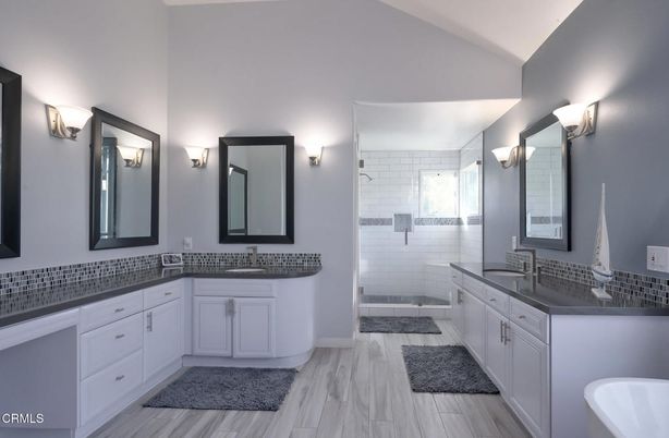 Bathroom, Dual Sink Vanities, Glass Shower, Interior, Wood Texture Flooring
