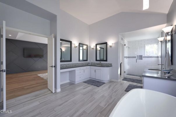 Bathroom, Dual Sink Vanities, Free Standing Baths, Glass Shower, Interior, Wood Texture Flooring