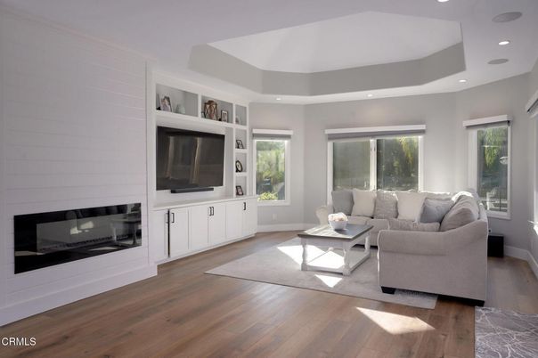 Fireplace, Interior, Living room, Recessed Lighting, Wood Texture Flooring