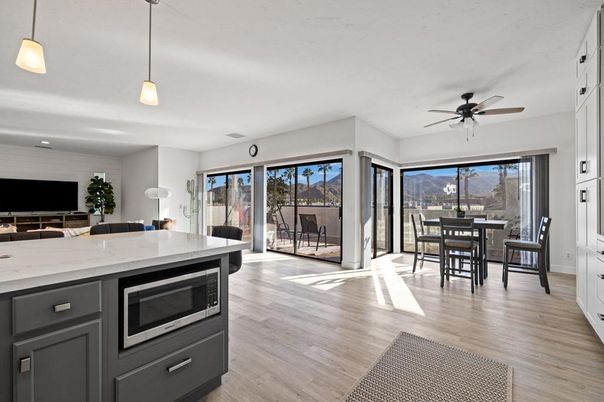 Dining room, Interior, Pendant Lights, Recessed Lighting, Wood Texture Flooring