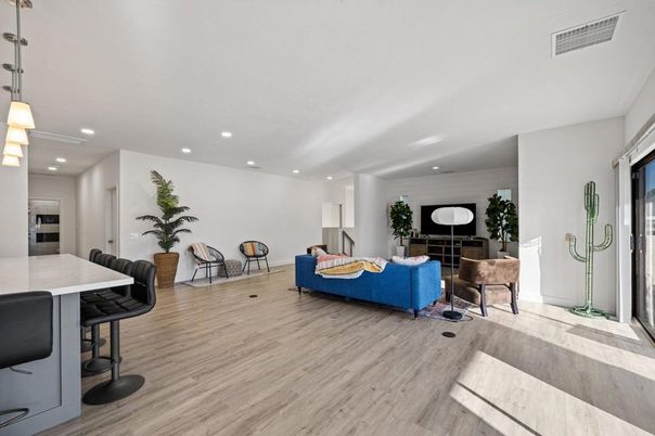 Interior, Living room, Pendant Lights, Recessed Lighting, Wood Texture Flooring