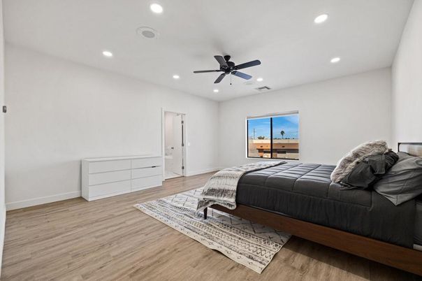 Bedroom, Interior, Recessed Lighting, Wood Texture Flooring