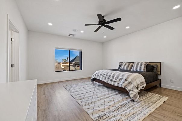 Bedroom, Interior, Recessed Lighting, Wood Texture Flooring