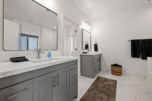 Bathroom, Dual Sink Vanities, Interior, Marble, Recessed Lighting