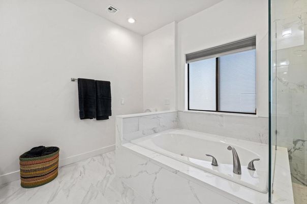 Bathroom, Glass Shower, Interior, Marble, Marble Walls, Recessed Lighting