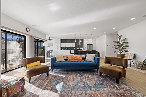 Interior, Kitchen, Living room, Pendant Lights, Recessed Lighting, Wood Texture Flooring