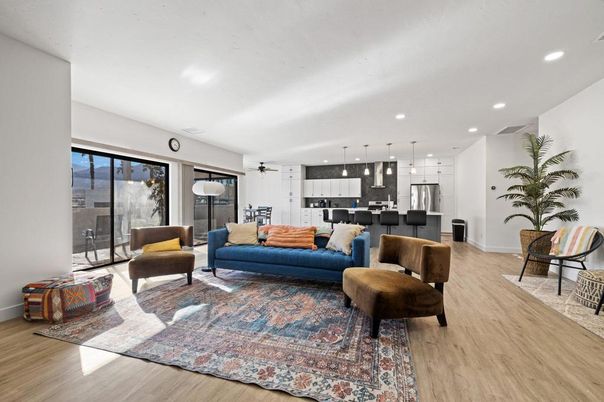 Interior, Kitchen, Living room, Pendant Lights, Recessed Lighting, Stainless Steel Appliances, Wood Texture Flooring