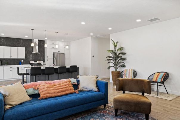 Interior, Kitchen, Living room, Pendant Lights, Recessed Lighting, Stainless Steel Appliances, Wood Texture Flooring