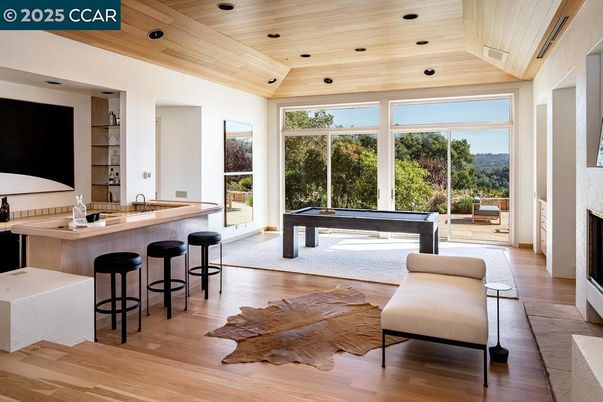 Billiard Table, Fireplace, Game Room, Interior, Recessed Lighting, Wooden Ceilings, Wood Texture Flooring