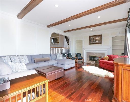 Fireplace, Interior, Living room, Recessed Lighting, Wooden Beams, Wood Texture Flooring