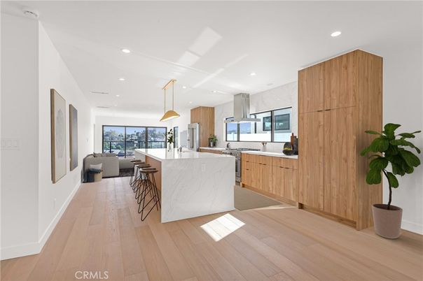 Interior, Kitchen, Marble Walls, Pendant Lights, Recessed Lighting, Wood Texture Flooring