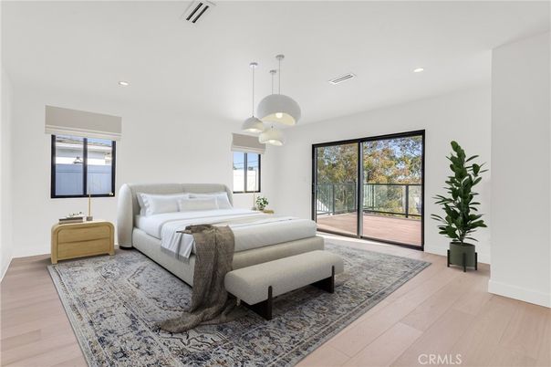 Bedroom, Interior, Pendant Lights, Recessed Lighting, Wood Texture Flooring