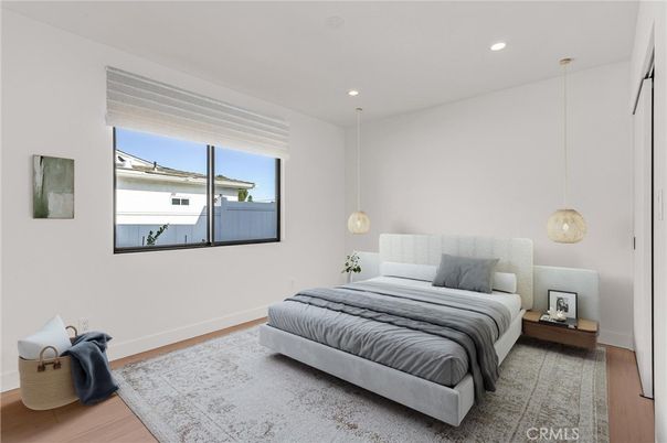 Bedroom, Interior, Pendant Lights, Recessed Lighting, Wood Texture Flooring