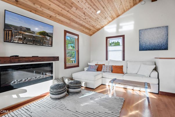 Fireplace, Interior, Living room, Recessed Lighting, Wooden Ceilings, Wood Texture Flooring