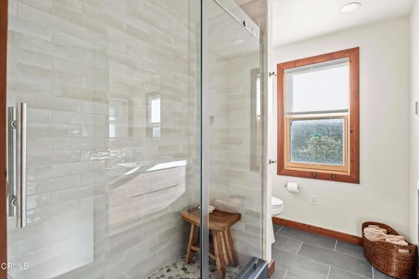 Bathroom, Glass Shower, Interior, Recessed Lighting, Stone Walls