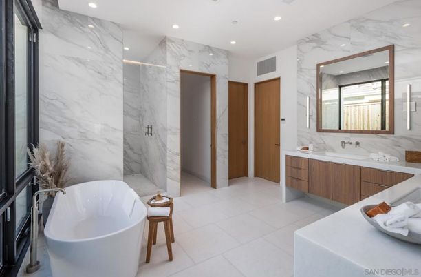 Bathroom, Dual Sink Vanities, Free Standing Baths, Interior, Marble Walls, Recessed Lighting