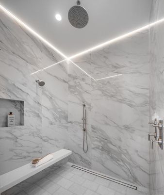 Bathroom, Glass Shower, Interior, Marble Walls, Recessed Lighting
