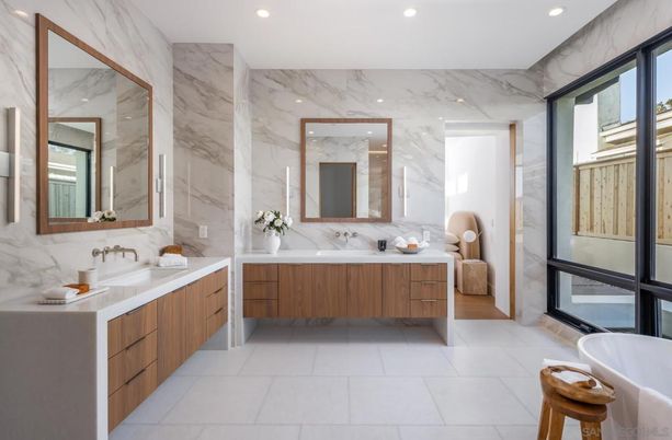 Bathroom, Dual Sink Vanities, Interior, Marble Walls, Recessed Lighting