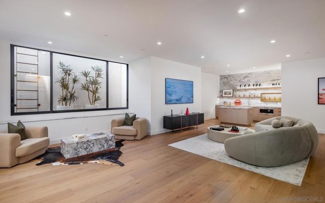 Interior, Living room, Marble Walls, Recessed Lighting, Wood Texture Flooring