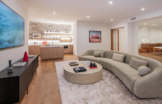Interior, Living room, Marble Walls, Recessed Lighting, Wood Texture Flooring
