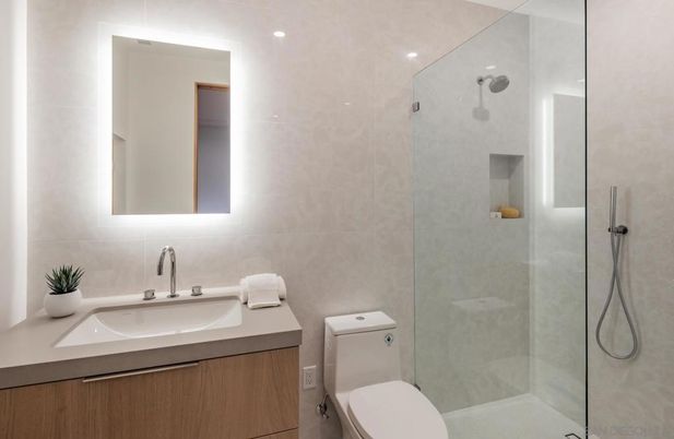Bathroom, Glass Shower, Interior, Recessed Lighting