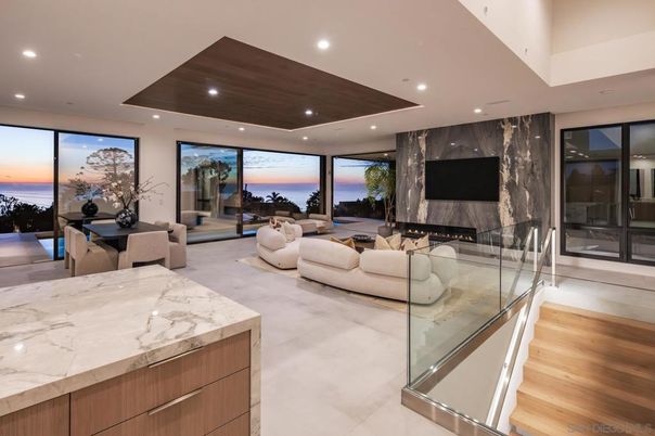 Fireplace, Interior, Living room, Marble Walls, Recessed Lighting, Water, Wooden Ceilings, Wood Texture Flooring