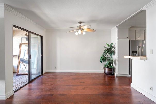Empty room, Interior, Kitchen, Stainless Steel Appliances, Wood Texture Flooring