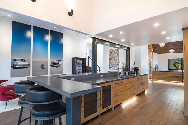 Interior, Kitchen, Pendant Lights, Recessed Lighting, Stainless Steel Appliances, Wooden Ceilings, Wood Texture Flooring